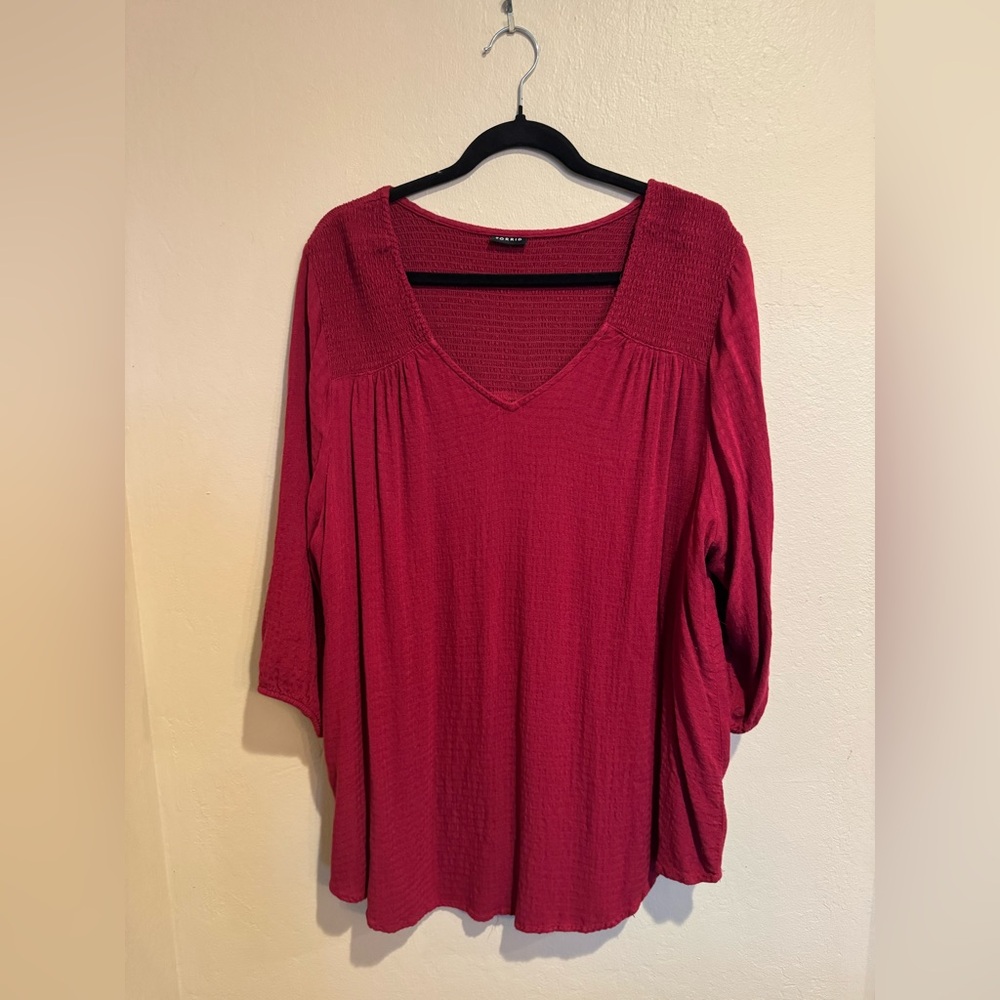 Torrid Boho Flowy Smocked  Raspberry Red V-Neck Textured Tunic With 3/4  Sleeves
